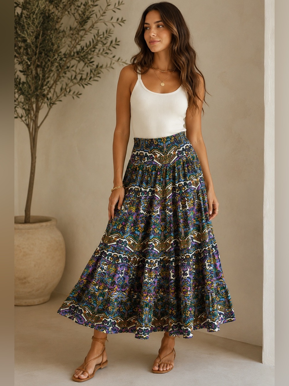Cleobella Organic Cotton Boho Tiered Maxi Skirt Multicolor Print